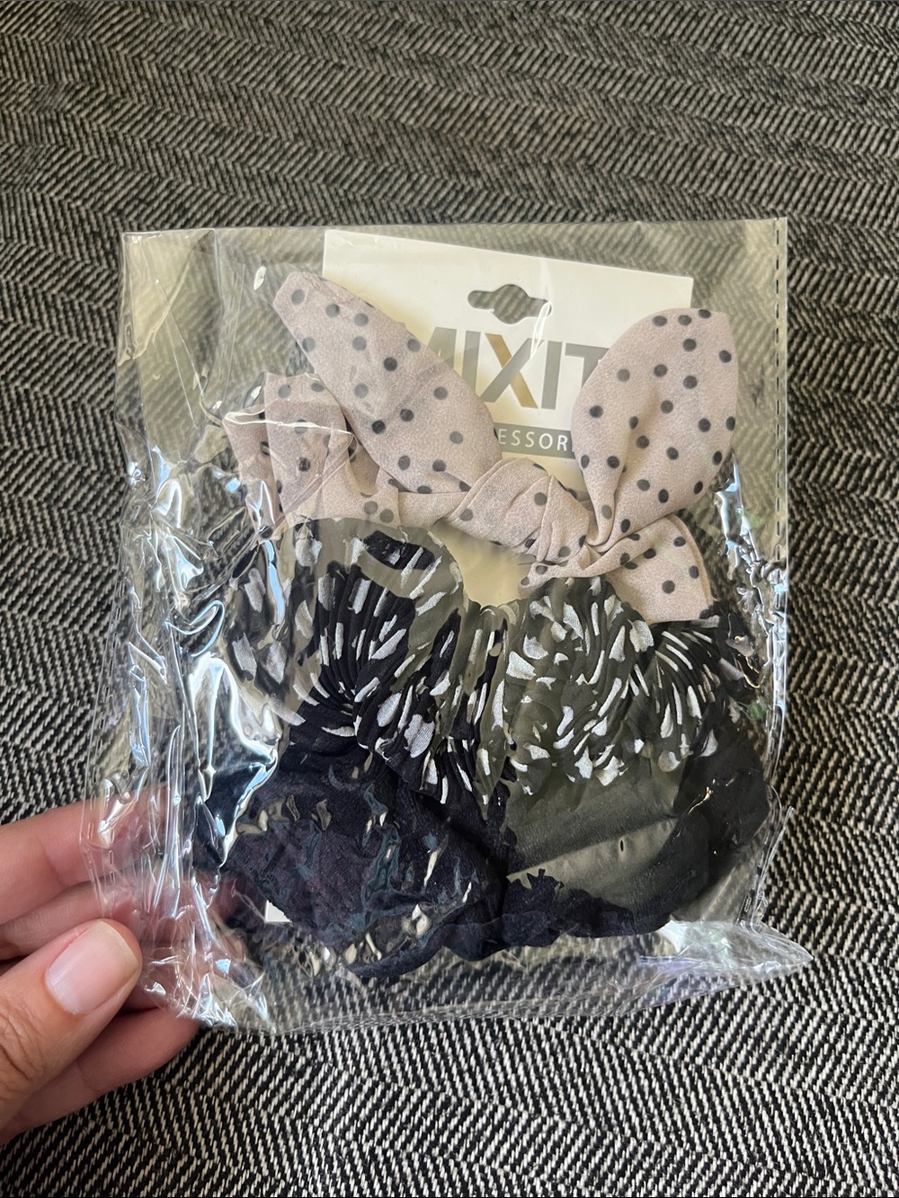 2/$10 Mixit Pink Polka Dot Bow & Black Pattern Scrunchie Set